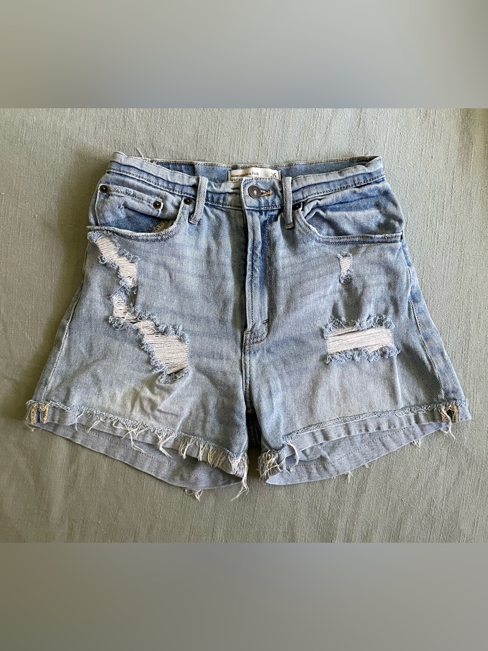 Abercrombie & Fitch High-rise Light Wash Distressed Denim Shorts (Curve Love)